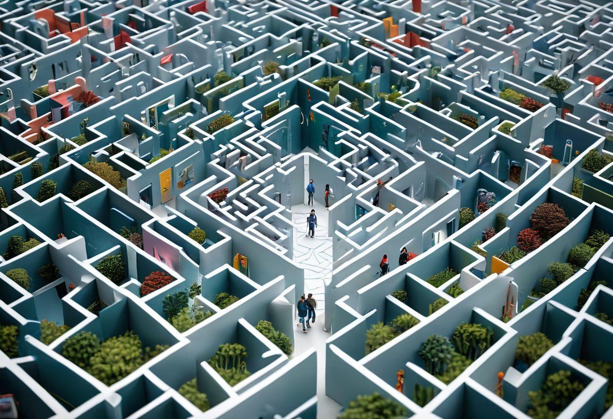 A detailed maze in the shape of a house, illustrating various insurance types like health, auto, and home insurance within the walls. A diverse group of people, including a young family, a single professional, and a retired couple, are seen navigating the maze, holding maps labeled 'Coverage' and 'Solutions'. Bright arrows indicating different paths lead out of the maze towards a sunny horizon, symbolizing clarity and guidance. super-realistic. vibrant colors. white background.