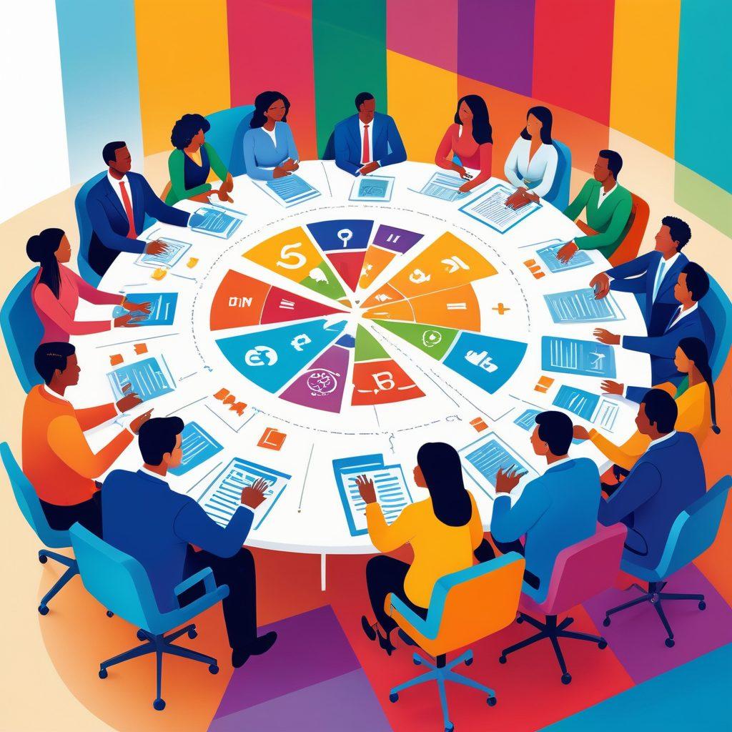 An artistic representation of diverse individuals examining customized insurance plans, surrounded by symbolic icons like shields, documents, and dollar signs. The background features a colorful, abstract maze representing various insurance options. Include elements of collaboration and understanding, with conversations happening around a large table. The scene should convey clarity and personalization in insurance solutions. vibrant colors. modern illustration style.