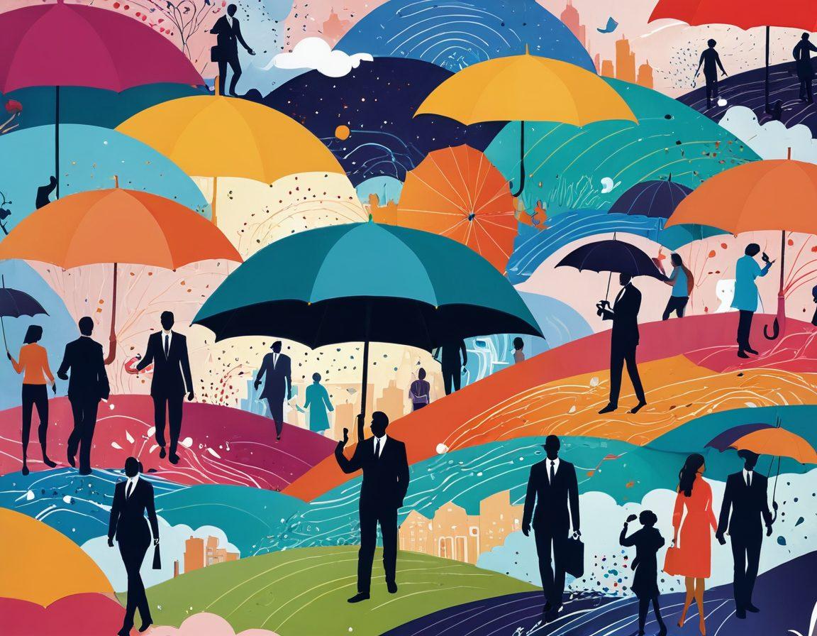 A collage of diverse individuals confidently navigating an abstract landscape representing the insurance world, with quotes and claims swirling around them like thought bubbles. Incorporate symbols of protection, like shields and umbrellas, along with vibrant cityscapes in the background. The individuals depict various professions, showcasing inclusivity and empowerment. bright colors. digital illustration. vibrant style.